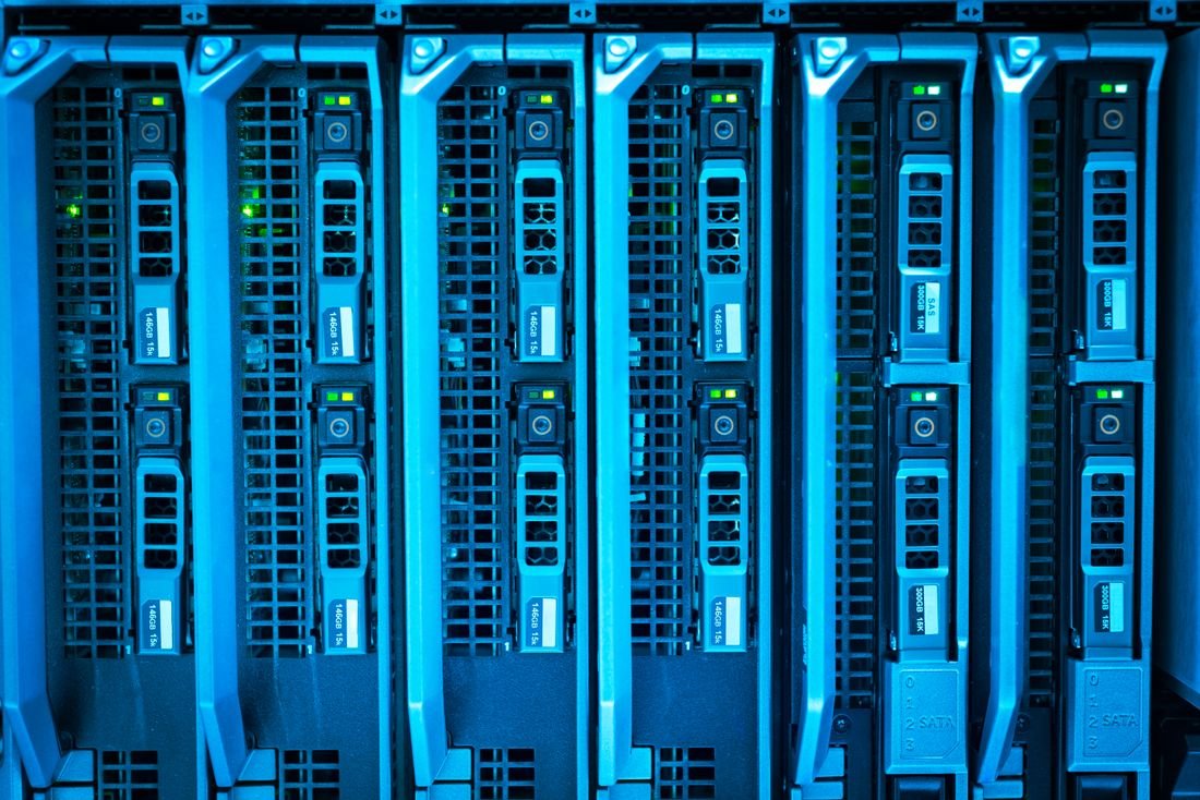 Rack of servers lit in blue